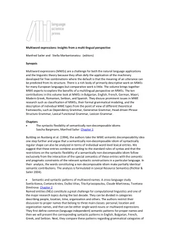 Multiword expressions: Insights from a multi-lingual perspective  Manfred Sailer and   Stella