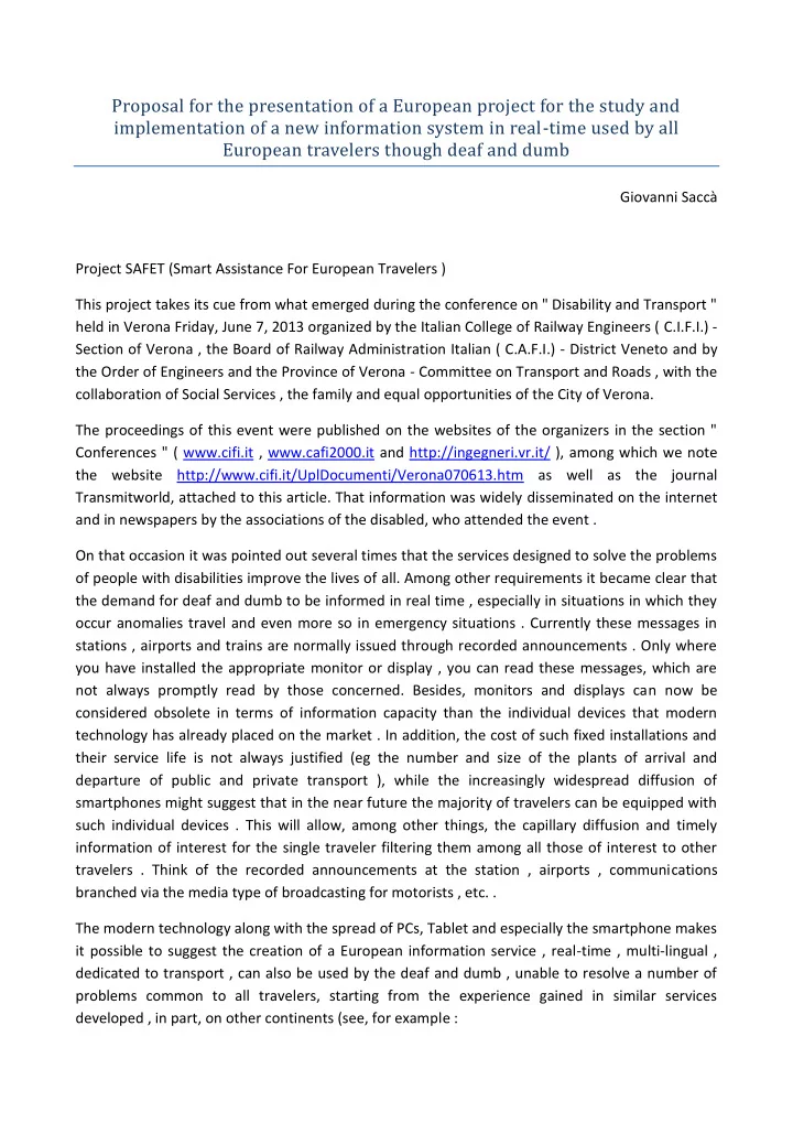 proposal for the presentation of a european project for