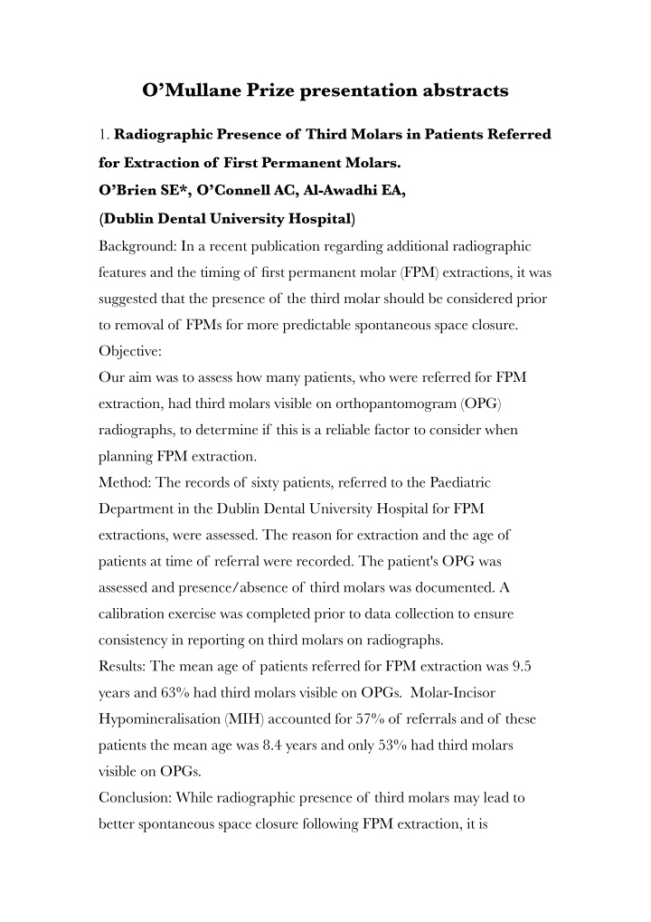 o mullane prize presentation abstracts