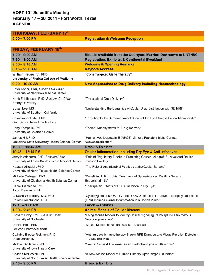 aopt 10 th scientific meeting february 17 20 2011 fort