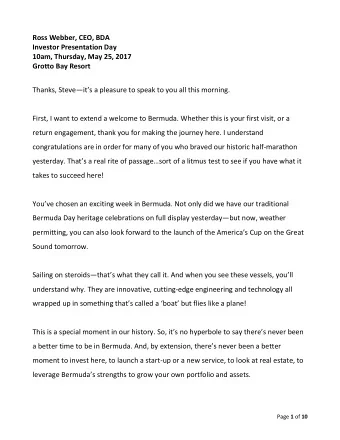Ross Webber, CEO, BDA  Investor Presentation Day  10am, Thursday, May 25, 2017  Grotto Bay Resort