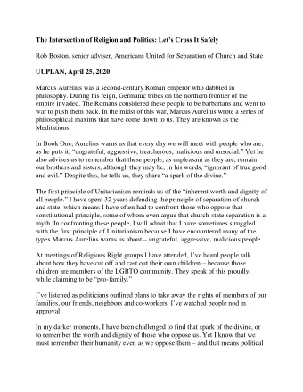 The Intersection of Religion and Politics: Lets Cross It Safely  Rob Boston, senior adviser,