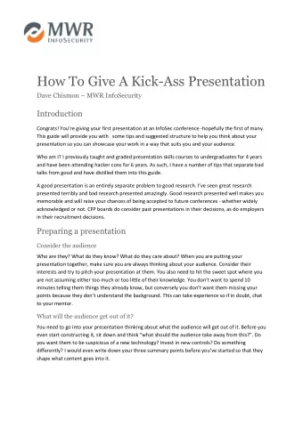 How To Give A Kick-Ass Presentation Dave Chismon  MWR InfoSecurity  Introduction Congrats!
