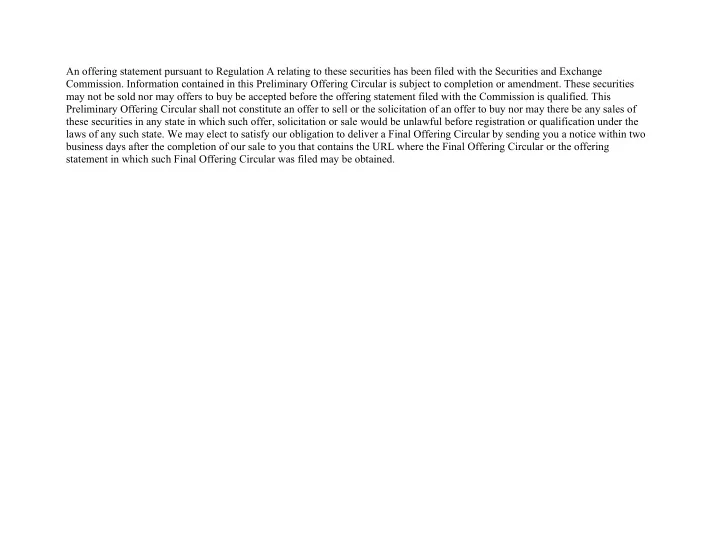 an offering statement pursuant to regulation a relating