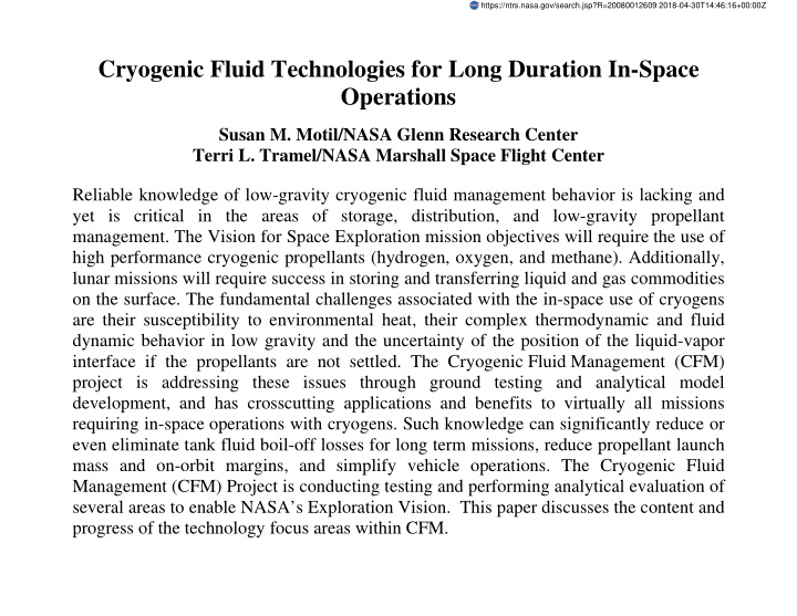 cryogenic fluid technologies for long duration in space