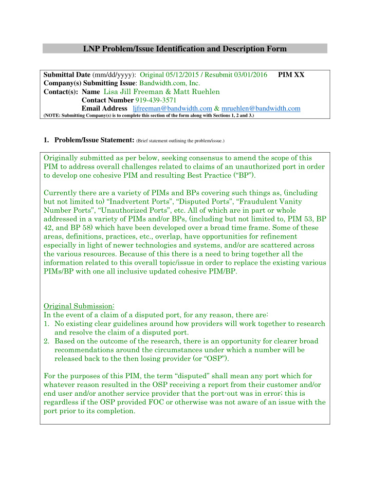 lnp problem issue identification and description form