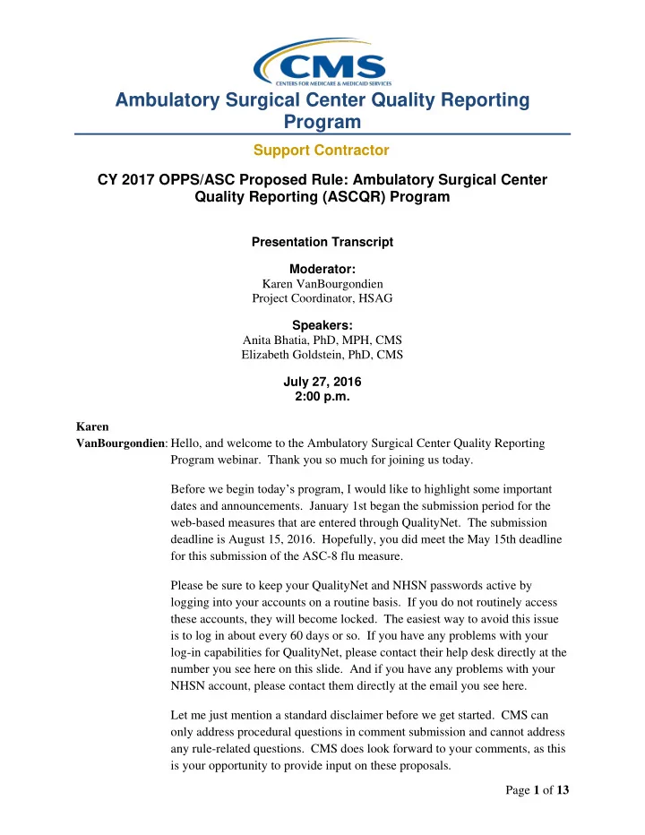 ambulatory surgical center quality reporting program