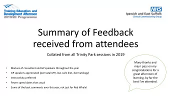 Summary of Feedback  received from attendees  Collated from all Trinity Park sessions in 2019  Many