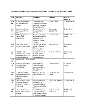 EEC 494 Senior Design Project Presentation,  Friday,  April  26,  2019,  FH 348,  Dr. Moncef
