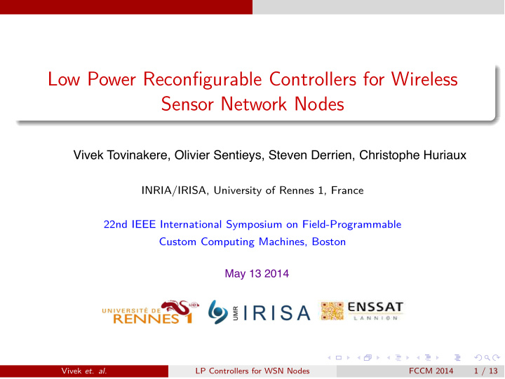 low power reconfigurable controllers for wireless sensor