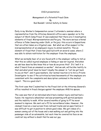 OSIA presentation:  Management of a Potential Fraud Claim  By  Rod Randall- United Safety &amp;