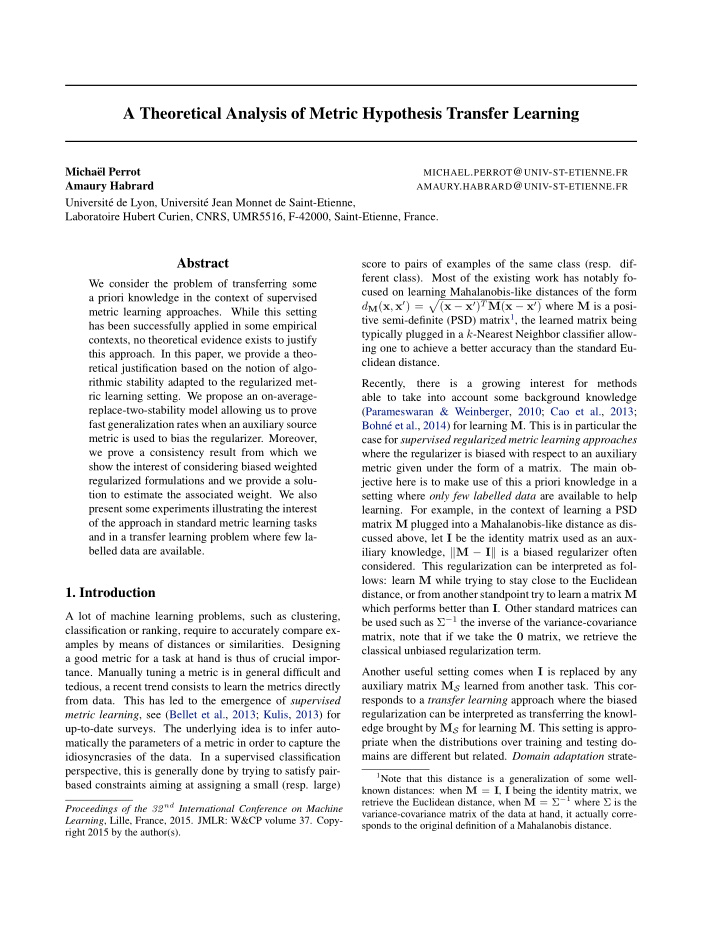 a theoretical analysis of metric hypothesis transfer