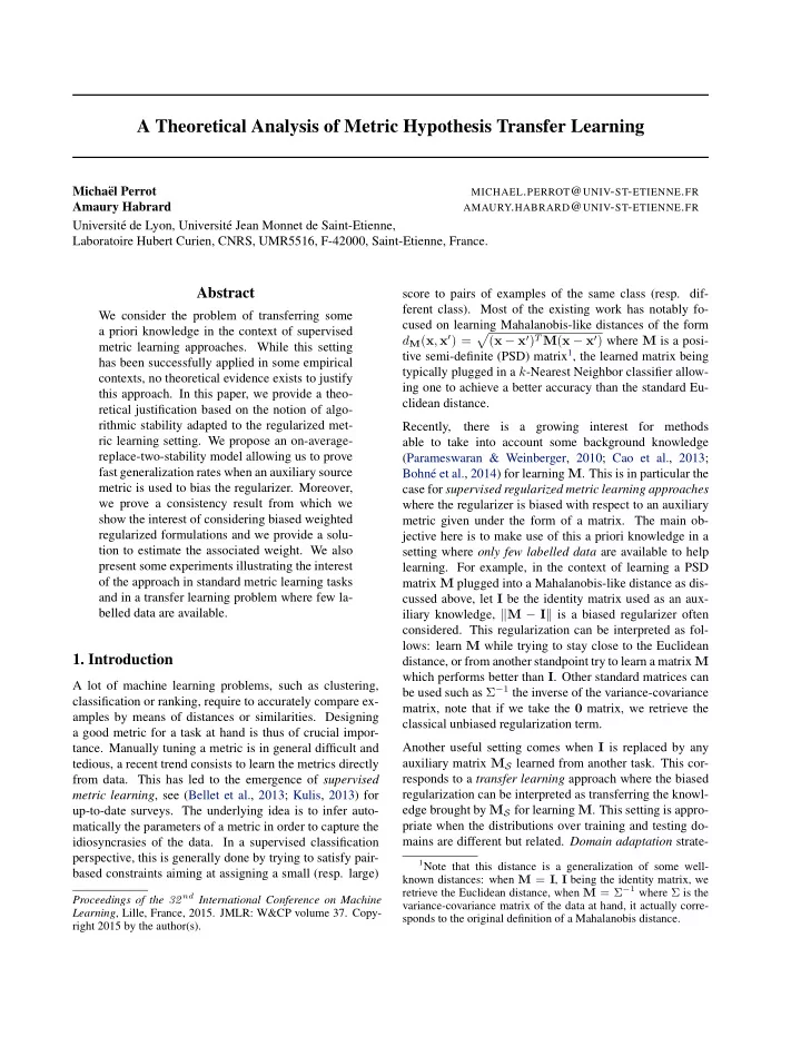 a theoretical analysis of metric hypothesis transfer