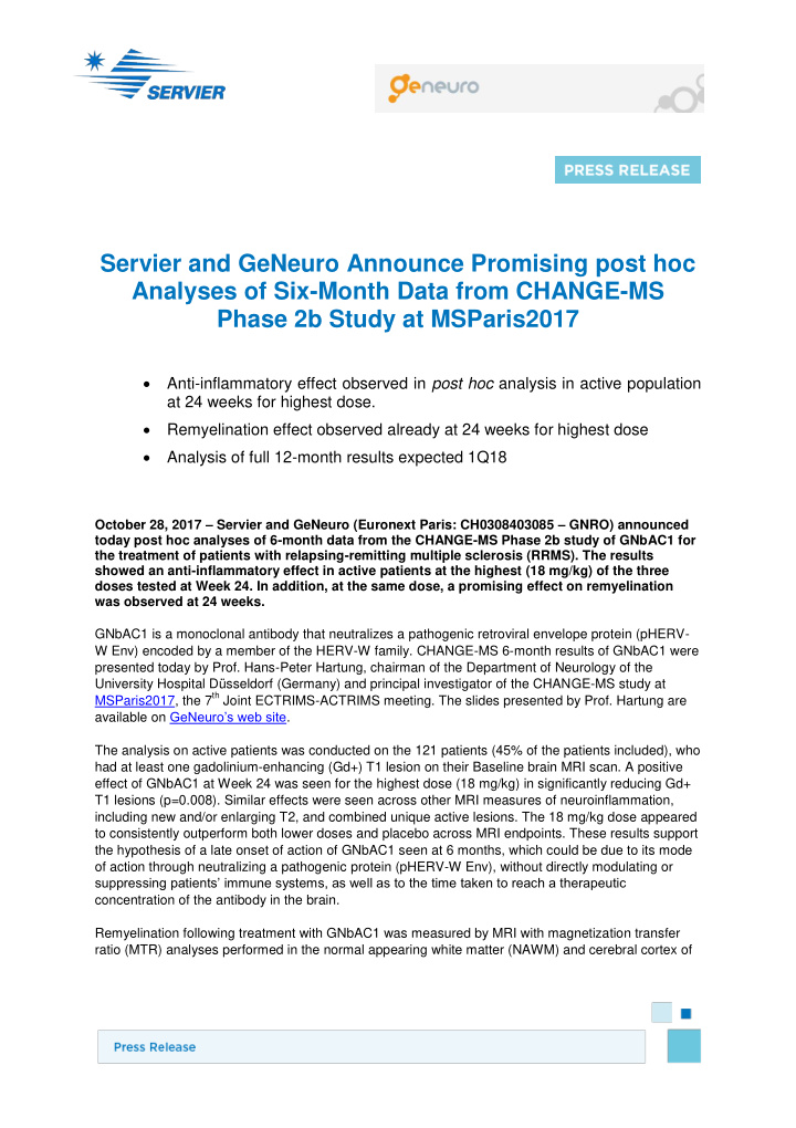 servier and geneuro announce promising post hoc analyses