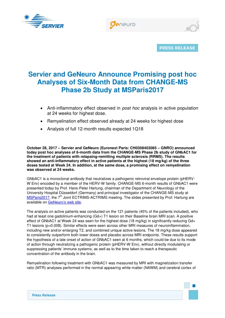 servier and geneuro announce promising post hoc analyses