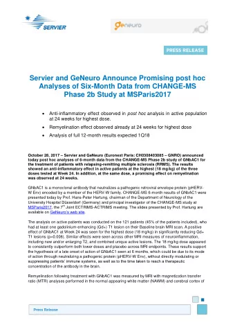 Servier and GeNeuro Announce Promising post hoc  Analyses of Six-Month Data from CHANGE-MS  Phase