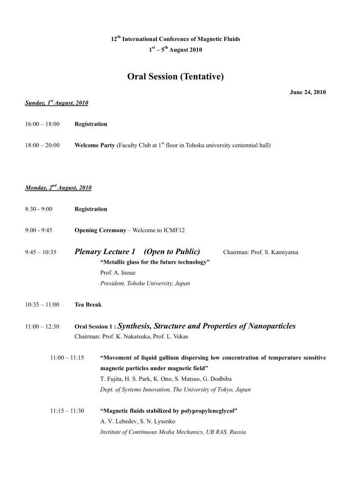 oral session tentative