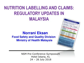 REGULATORY UPDATES IN MALAYSIA  Norrani Eksan  Food Safety and Quality Division  Ministry of Health