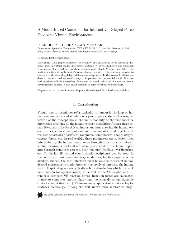 a model based controller for interactive delayed force
