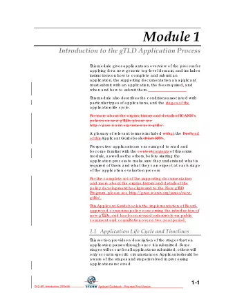 Module 1 Introduction to the gTLD Application Process  T  his mo dule  g ive s a pplic a nts a n o