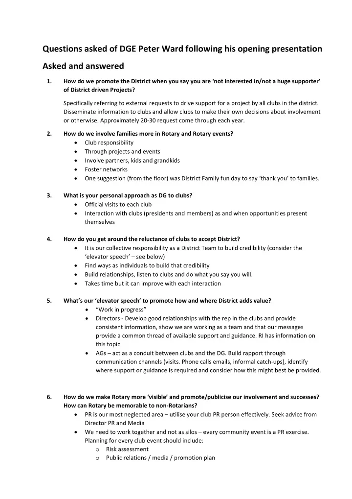 questions asked of dge peter ward following his opening