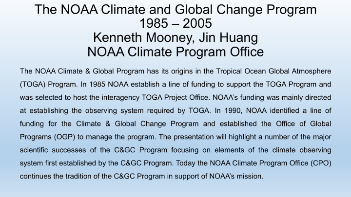 the noaa climate and global change program 1985 2005
