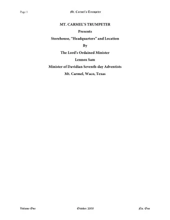 MT. CARMELS TRUMPETER  Presents  Storehouse, Headquarters and Location  By  The Lords