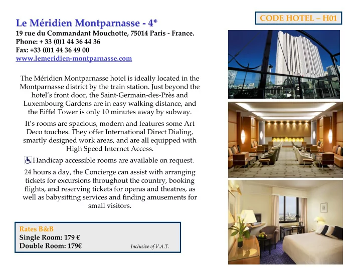 code hotel h01 le m ridien montparnasse ridien