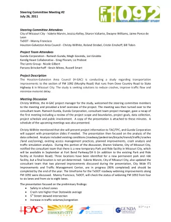 Steering Committee Meeting #2  July 26, 2011  Steering Committee Attendees  City of Missouri City -