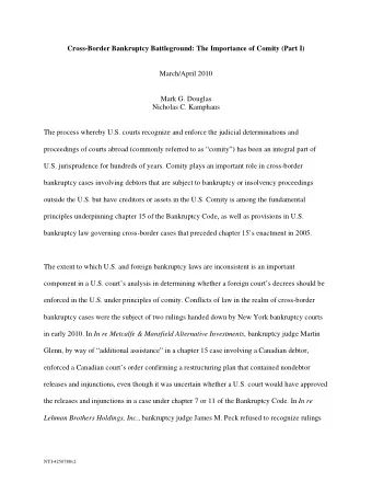 Cross-Border Bankruptcy Battleground: The Importance of Comity (Part I)  March/April 2010  Mark G.