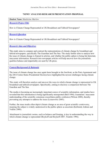 NEWS ANALYSIS RESEARCH PRESENTATION PROPOSAL Student Name Madeleine Marlow Research Project