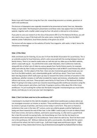 Notes to go with PowerPoint Living the Poor Life- researching ancestors as inmates, governors or
