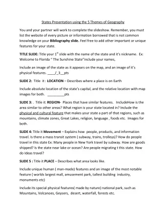 States Presentation using the 5 Themes of Geography  You and your partner will work to complete the