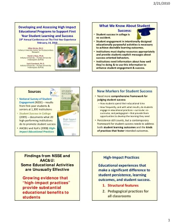 What We Know About Student Developing and Assessing High Impact  Success: Educational Programs to