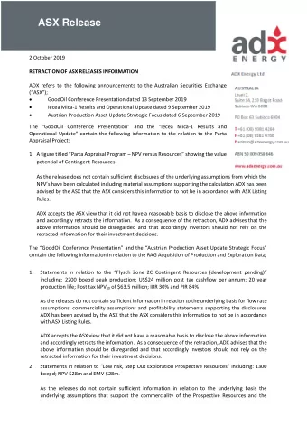 ASX Release  2 October 2019  RETRACTION OF ASX RELEASES INFORMATION  ADX refers to the following