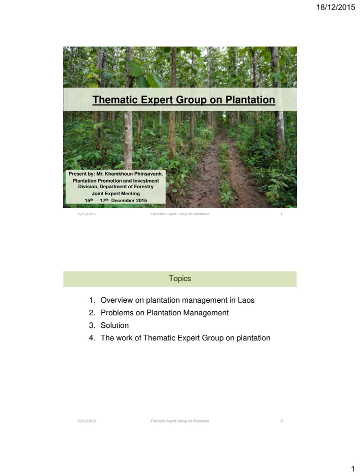 thematic expert group on plantation