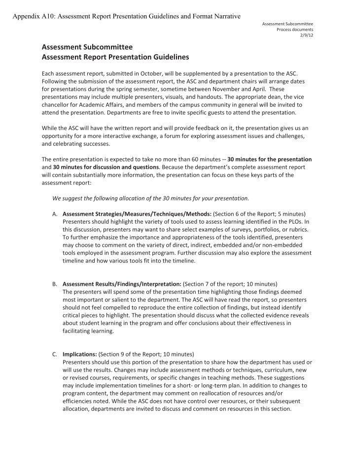 assessment subcommittee assessment report presentation