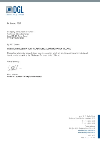 24 January 2012  Company Announcement Office  Australian Stock Exchange  Level 10, 20 Bond Street