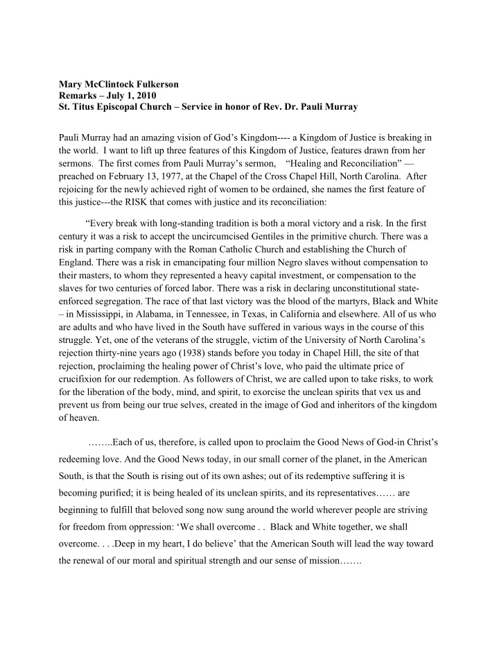 mary mcclintock fulkerson remarks july 1 2010 st titus