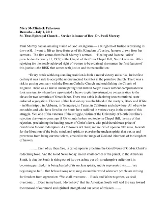 Mary McClintock Fulkerson  Remarks  July 1, 2010  St. Titus Episcopal Church  Service in