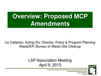 Amendments  Liz Callahan, Acting Div. Director, Policy &amp; Program Planning  MassDEP, Bureau of