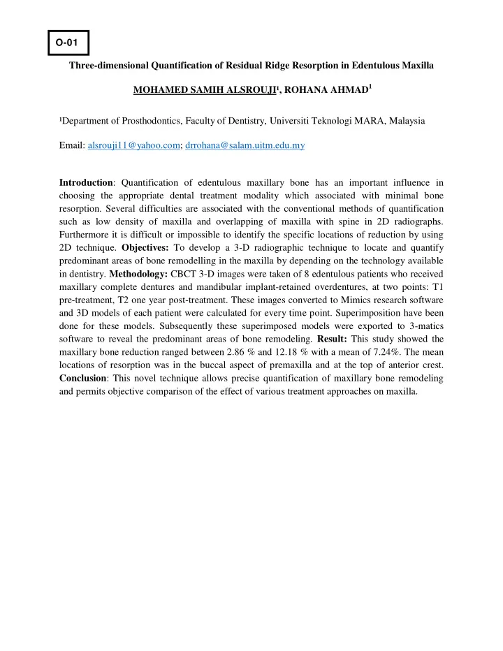 three dimensional quantification of residual ridge