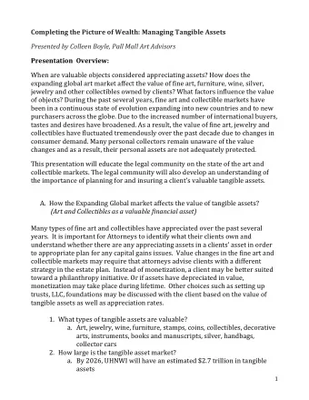 Completing the Picture of Wealth: Managing Tangible Assets  Presented by Colleen Boyle, Pall Mall