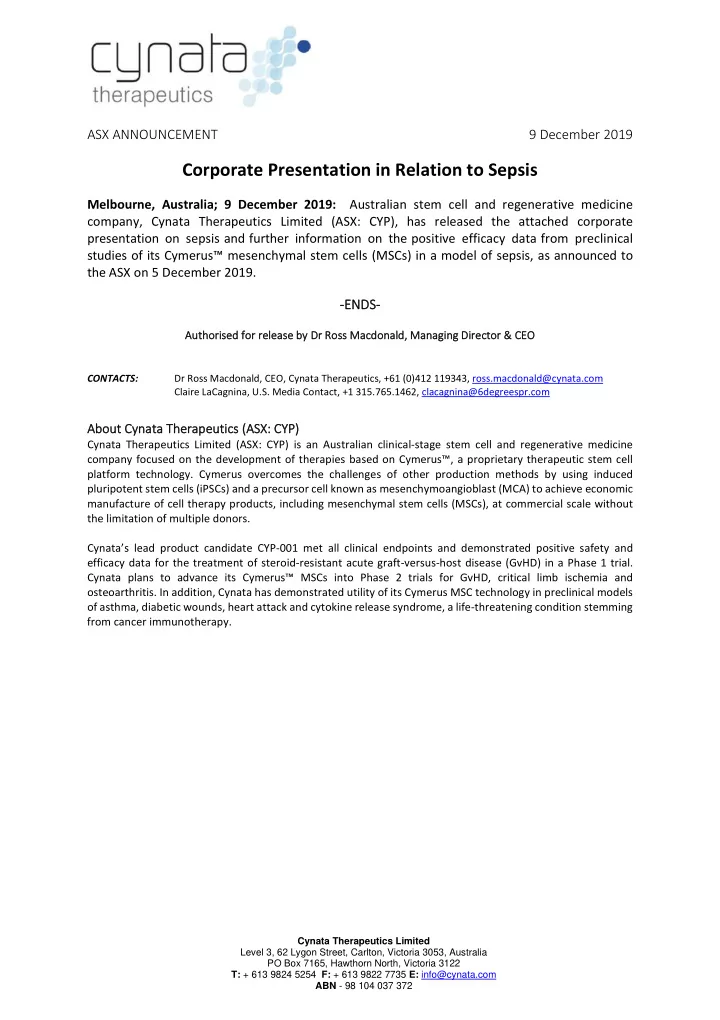 corporate presentation in relation to sepsis