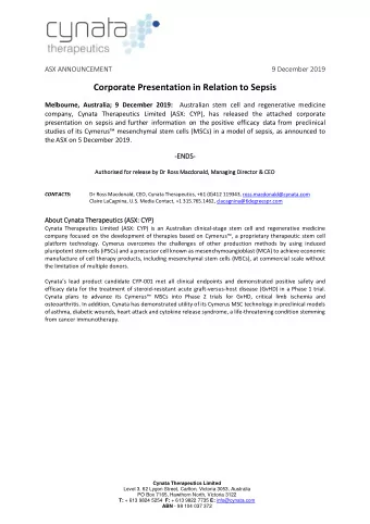 Corporate Presentation in Relation to Sepsis Melbourne, Australia; 9 December 2019: Australian stem