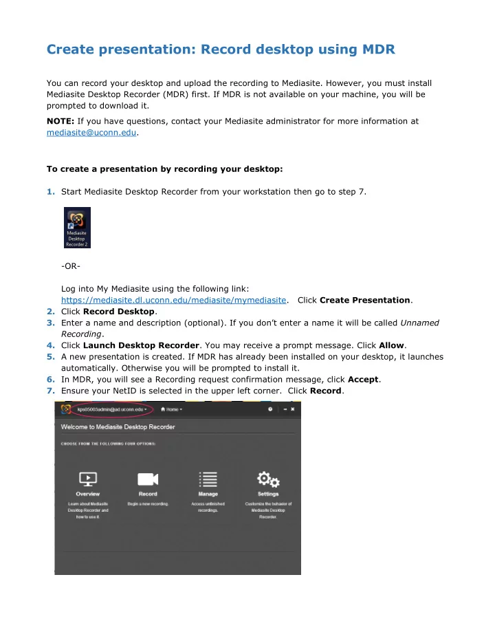 create presentation record desktop using mdr