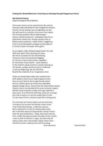 Evoking Our Shared Memories: Preserving our Heritage through Singaporean Poetry Wet Markets Drying