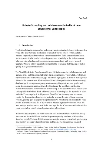 Private Schooling and achievement in India: A new  Educational Landscape? Suvarna Pande 1 and