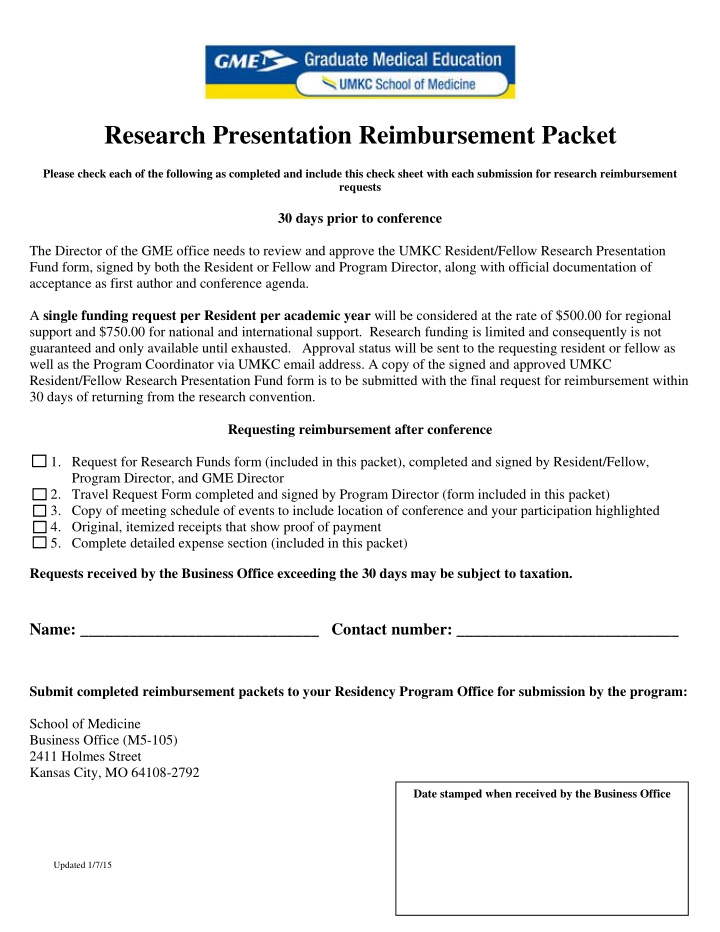 research presentation reimbursement packet
