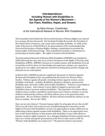 Interdependence:  Including Women with Disabilities in  the Agenda of the Women's Movement --  Our